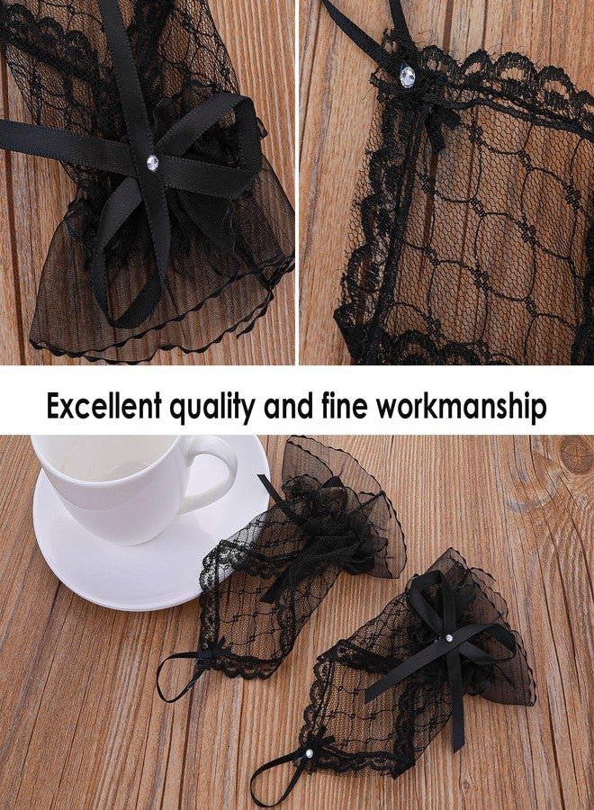 Tarini 1 Pair Lace Fingerless Gloves with Bow, Elegant Rhinestone Mesh Sheer Gloves for Women Girls, Ideal for Wedding Bridal Bridesmaids Halloween Party Tea Prom Cosplay - Image 3